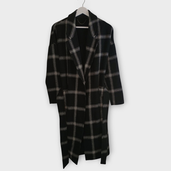 AllSaints Coat Women XS Black White Lara Check Wool Blend Italian Cloth Oversize - Picture 1 of 5